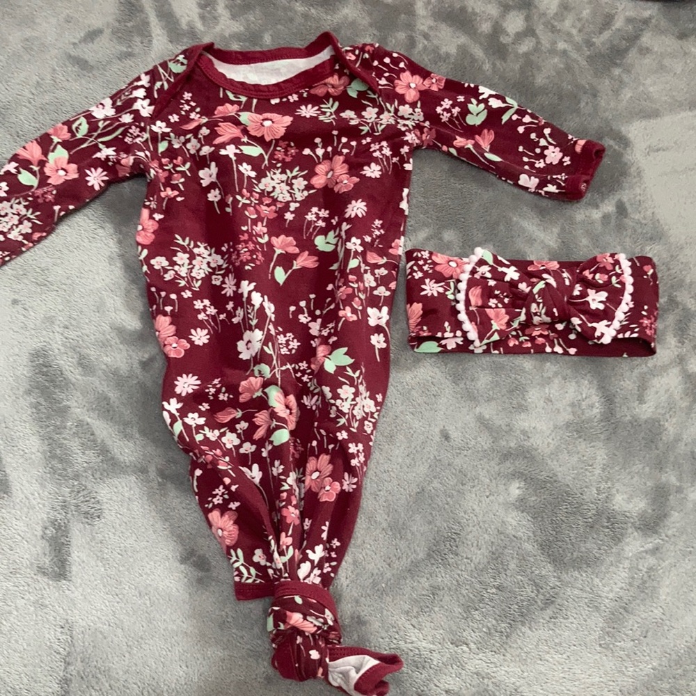 Maroon floral tie gown with matching bow